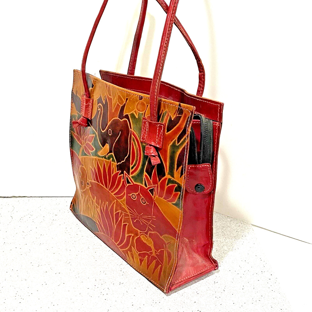 Vintage Hand Painted & Tooled Leather Two Handle Tote Bag Purse Elephant Animals - Picture 3 of 10